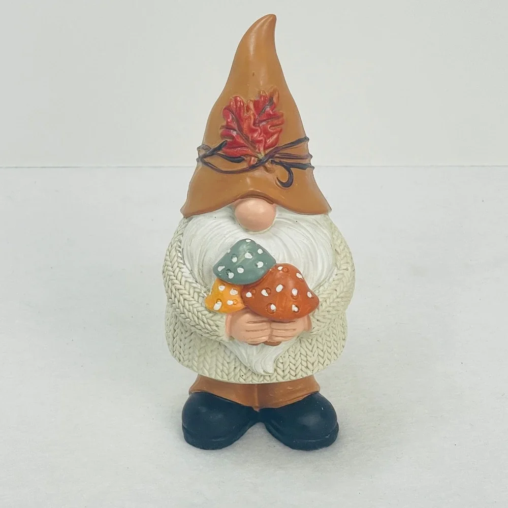 Fall Gnome Figurine Autumn Decor Cable Knit Sweater Mushrooms Brown Hat 6.5 Inch